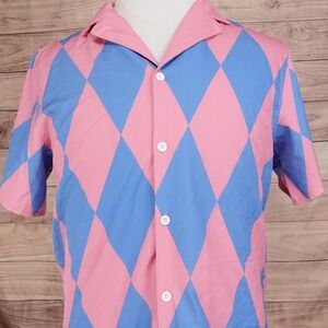 Steady Hands Shirt Mens M Pink Blue Argyle Short Sleeve Button-Up Casual